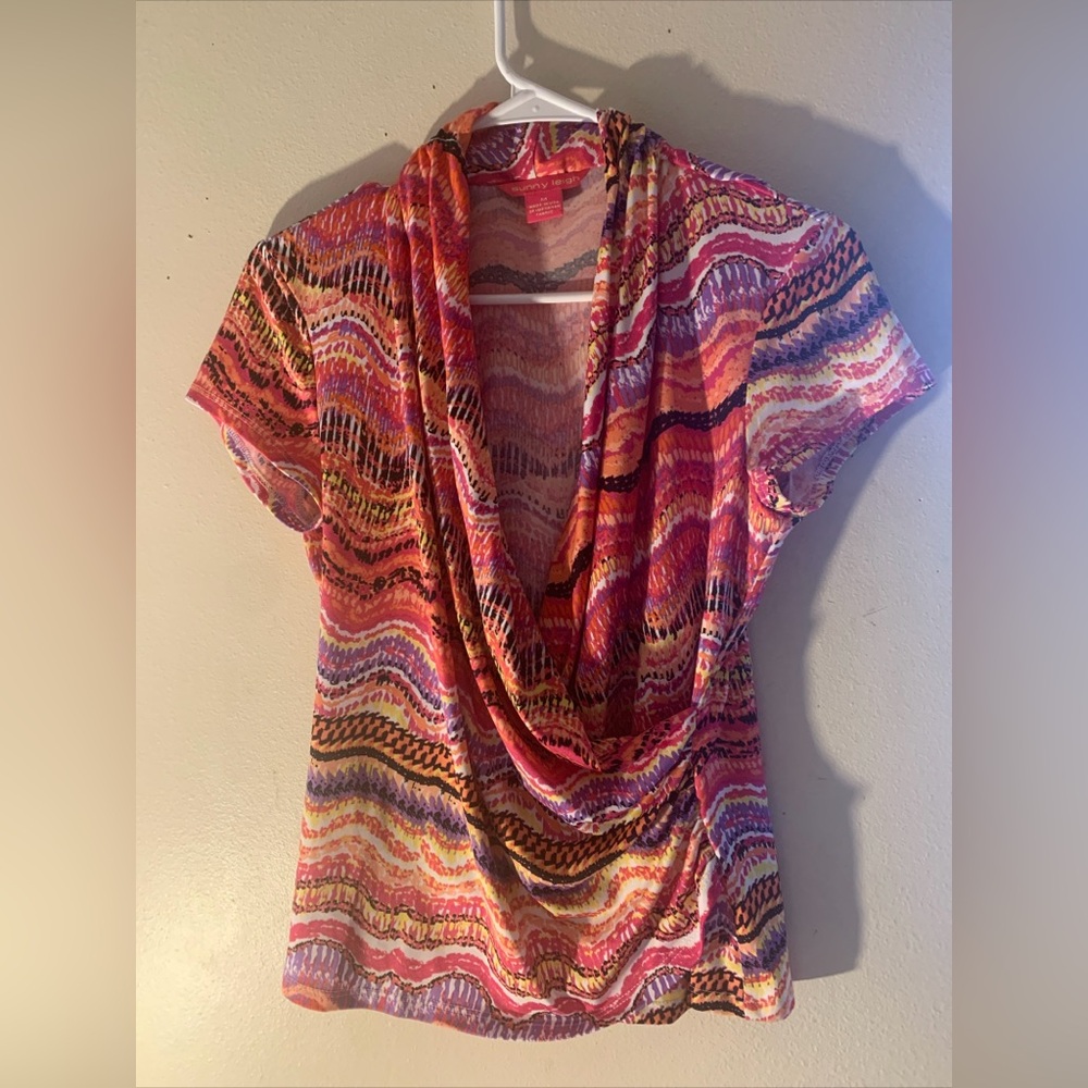 Sunny Leigh Wrap Blouse Woken’s Size M Bright Colorful Stretch